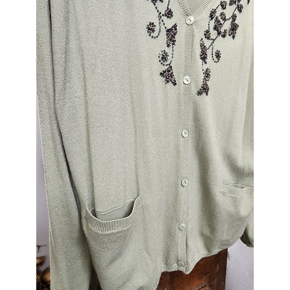 Vintage Look Embellished Green Sweater Size XL Boho Artsy Beaded Retro Feel - Picture 3 of 5